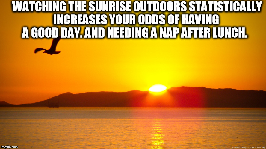 Sunrise | WATCHING THE SUNRISE OUTDOORS STATISTICALLY INCREASES YOUR ODDS OF HAVING A GOOD DAY. AND NEEDING A NAP AFTER LUNCH. | image tagged in sunrise | made w/ Imgflip meme maker