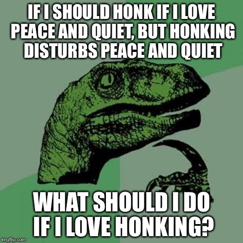 Philosoraptor Meme | IF I SHOULD HONK IF I LOVE PEACE AND QUIET, BUT HONKING DISTURBS PEACE AND QUIET WHAT SHOULD I DO IF I LOVE HONKING? | image tagged in memes,philosoraptor | made w/ Imgflip meme maker