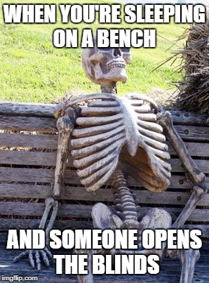 Waiting Skeleton Meme | WHEN YOU'RE SLEEPING ON A BENCH AND SOMEONE OPENS THE BLINDS | image tagged in memes,waiting skeleton | made w/ Imgflip meme maker