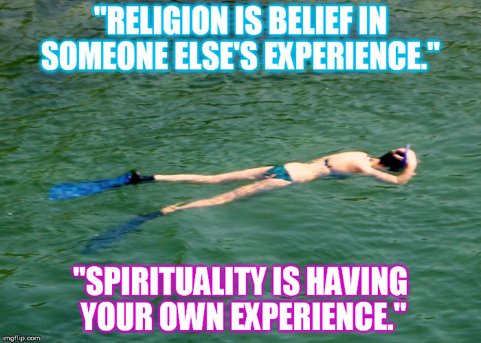 "RELIGION IS BELIEF IN SOMEONE ELSE'S EXPERIENCE."; "SPIRITUALITY IS HAVING YOUR OWN EXPERIENCE." | image tagged in experience | made w/ Imgflip meme maker