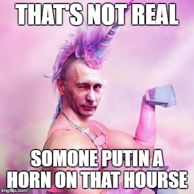 Unicorn Putin Man | THAT'S NOT REAL SOMONE PUTIN A HORN ON THAT HOURSE | image tagged in unicorn putin man | made w/ Imgflip meme maker
