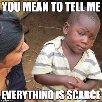 Third World Skeptical Kid | YOU MEAN TO TELL ME; EVERYTHING IS SCARCE | image tagged in memes,third world skeptical kid | made w/ Imgflip meme maker