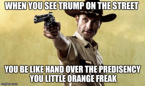 Rick Grimes Meme | WHEN YOU SEE TRUMP ON THE STREET; YOU BE LIKE HAND OVER THE PREDISENCY YOU LITTLE ORANGE FREAK | image tagged in memes,rick grimes | made w/ Imgflip meme maker