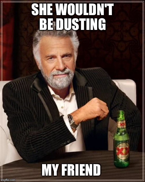 The Most Interesting Man In The World Meme | SHE WOULDN'T BE DUSTING MY FRIEND | image tagged in memes,the most interesting man in the world | made w/ Imgflip meme maker