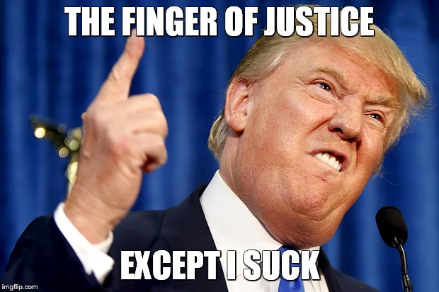 Donald Trump | THE FINGER OF JUSTICE; EXCEPT I SUCK | image tagged in donald trump | made w/ Imgflip meme maker