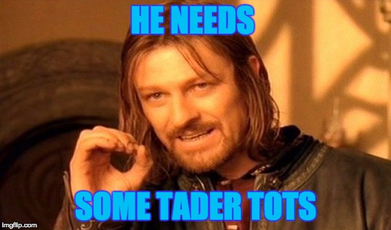 One Does Not Simply Meme | HE NEEDS; SOME TADER TOTS | image tagged in memes,one does not simply | made w/ Imgflip meme maker