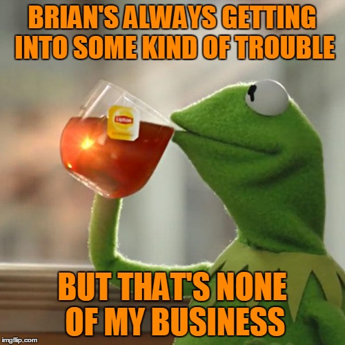 But That's None Of My Business Meme | BRIAN'S ALWAYS GETTING INTO SOME KIND OF TROUBLE BUT THAT'S NONE OF MY BUSINESS | image tagged in memes,but thats none of my business,kermit the frog | made w/ Imgflip meme maker