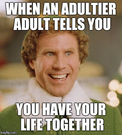 Buddy The Elf | WHEN AN ADULTIER ADULT TELLS YOU; YOU HAVE YOUR LIFE TOGETHER | image tagged in memes,buddy the elf | made w/ Imgflip meme maker