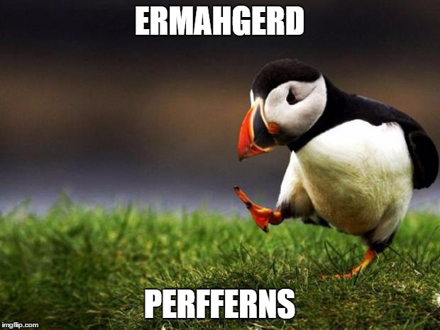 perfferns | ERMAHGERD; PERFFERNS | image tagged in memes,unpopular opinion puffin,ermahgerd,puffin,puffins | made w/ Imgflip meme maker
