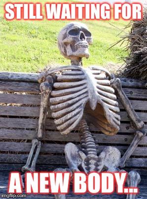 Skeleton's new body | STILL WAITING FOR; A NEW BODY... | image tagged in memes,waiting skeleton | made w/ Imgflip meme maker