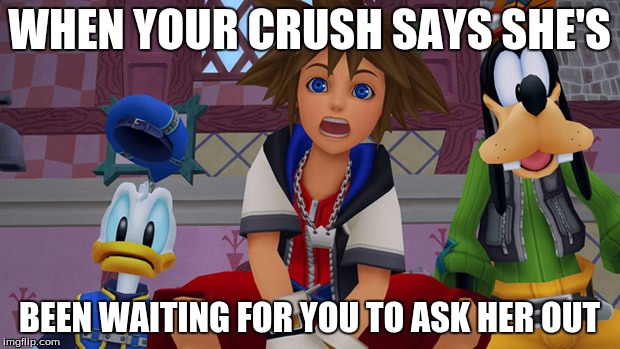 Kingdom Hearts Funnies | WHEN YOUR CRUSH SAYS SHE'S; BEEN WAITING FOR YOU TO ASK HER OUT | image tagged in kingdom hearts funnies | made w/ Imgflip meme maker
