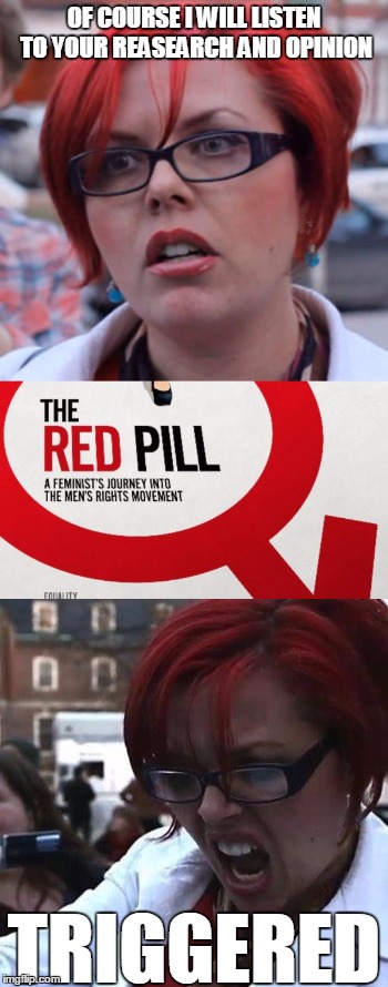 The Red Pill is a great documentary | OF COURSE I WILL LISTEN TO YOUR REASEARCH AND OPINION; TRIGGERED | image tagged in big red feminist,the red pill documentary,documentary,triggered | made w/ Imgflip meme maker