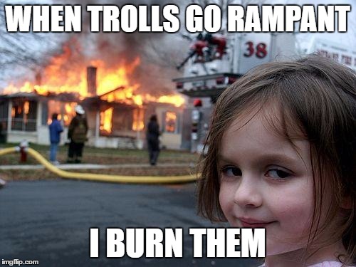 WHEN TROLLS GO RAMPANT I BURN THEM | image tagged in memes,disaster girl | made w/ Imgflip meme maker