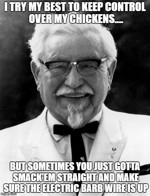 KFC Colonel Sanders | I TRY MY BEST TO KEEP CONTROL OVER MY CHICKENS.... BUT SOMETIMES YOU JUST GOTTA SMACK'EM STRAIGHT AND MAKE SURE THE ELECTRIC BARB WIRE IS UP | image tagged in kfc colonel sanders | made w/ Imgflip meme maker