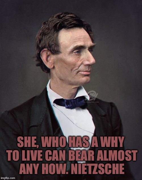 SHE, WHO HAS A WHY TO LIVE CAN BEAR ALMOST ANY HOW. NIETZSCHE | image tagged in abe | made w/ Imgflip meme maker