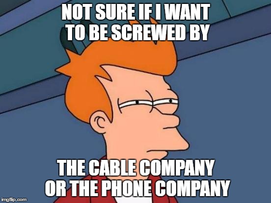 Futurama Fry Meme | NOT SURE IF I WANT TO BE SCREWED BY; THE CABLE COMPANY OR THE PHONE COMPANY | image tagged in memes,futurama fry | made w/ Imgflip meme maker