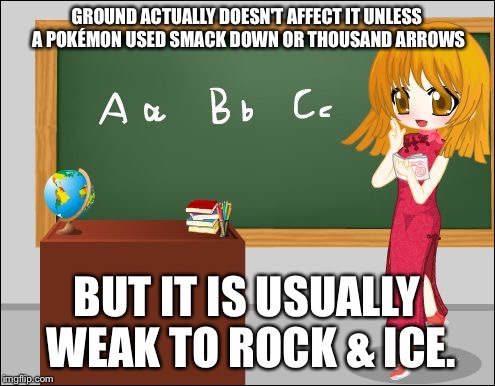 Anime Teacher | GROUND ACTUALLY DOESN'T AFFECT IT UNLESS A POKÉMON USED SMACK DOWN OR THOUSAND ARROWS BUT IT IS USUALLY WEAK TO ROCK & ICE. | image tagged in anime teacher | made w/ Imgflip meme maker