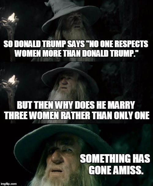 The Confusing thoughts of Gandalf. | SO DONALD TRUMP SAYS "NO ONE RESPECTS WOMEN MORE THAN DONALD TRUMP."; BUT THEN WHY DOES HE MARRY THREE WOMEN RATHER THAN ONLY ONE; SOMETHING HAS GONE AMISS. | image tagged in memes,confused gandalf | made w/ Imgflip meme maker