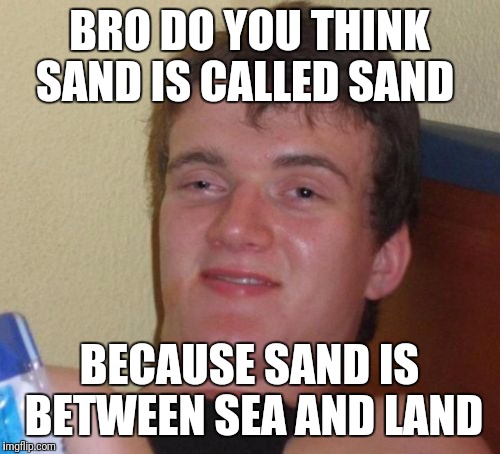 10 Guy Meme | BRO DO YOU THINK SAND IS CALLED SAND; BECAUSE SAND IS BETWEEN SEA AND LAND | image tagged in memes,10 guy,funny | made w/ Imgflip meme maker