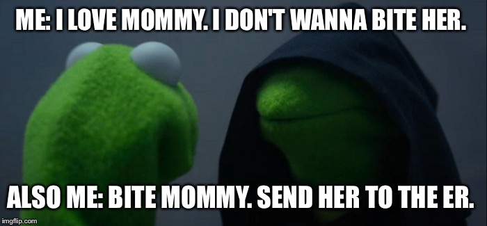 Evil Kermit | ME: I LOVE MOMMY. I DON'T WANNA BITE HER. ALSO ME: BITE MOMMY. SEND HER TO THE ER. | image tagged in evil kermit | made w/ Imgflip meme maker