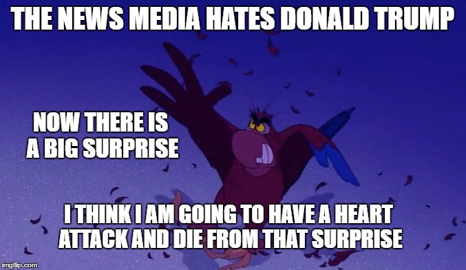 Iagomolt | THE NEWS MEDIA HATES DONALD TRUMP; NOW THERE IS A BIG SURPRISE; I THINK I AM GOING TO HAVE A HEART ATTACK AND DIE FROM THAT SURPRISE | image tagged in iagomolt | made w/ Imgflip meme maker