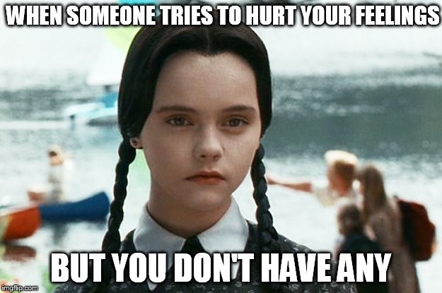wednesday adams | WHEN SOMEONE TRIES TO HURT YOUR FEELINGS; BUT YOU DON'T HAVE ANY | image tagged in wednesday adams | made w/ Imgflip meme maker