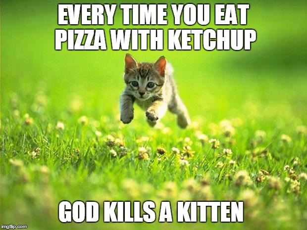 Every time I smile God Kills a Kitten |  EVERY TIME YOU EAT PIZZA WITH KETCHUP; GOD KILLS A KITTEN | image tagged in every time i smile god kills a kitten | made w/ Imgflip meme maker
