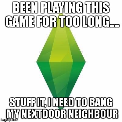 Sims logic | BEEN PLAYING THIS GAME FOR TOO LONG.... STUFF IT, I NEED TO BANG MY NEXTDOOR NEIGHBOUR | image tagged in sims logic | made w/ Imgflip meme maker
