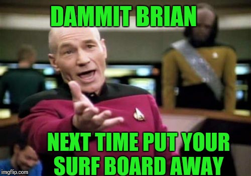 Picard Wtf Meme | DAMMIT BRIAN NEXT TIME PUT YOUR SURF BOARD AWAY | image tagged in memes,picard wtf | made w/ Imgflip meme maker