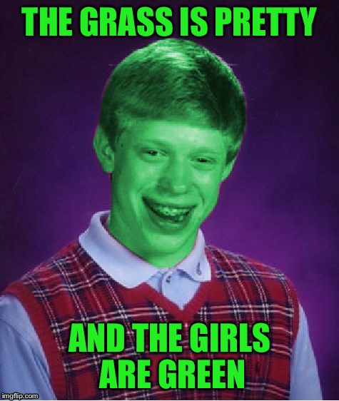 Bad Luck Brian (Radioactive) | THE GRASS IS PRETTY AND THE GIRLS ARE GREEN | image tagged in bad luck brian radioactive | made w/ Imgflip meme maker