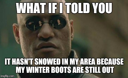 Matrix Morpheus Meme | WHAT IF I TOLD YOU IT HASN'T SNOWED IN MY AREA BECAUSE MY WINTER BOOTS ARE STILL OUT | image tagged in memes,matrix morpheus | made w/ Imgflip meme maker