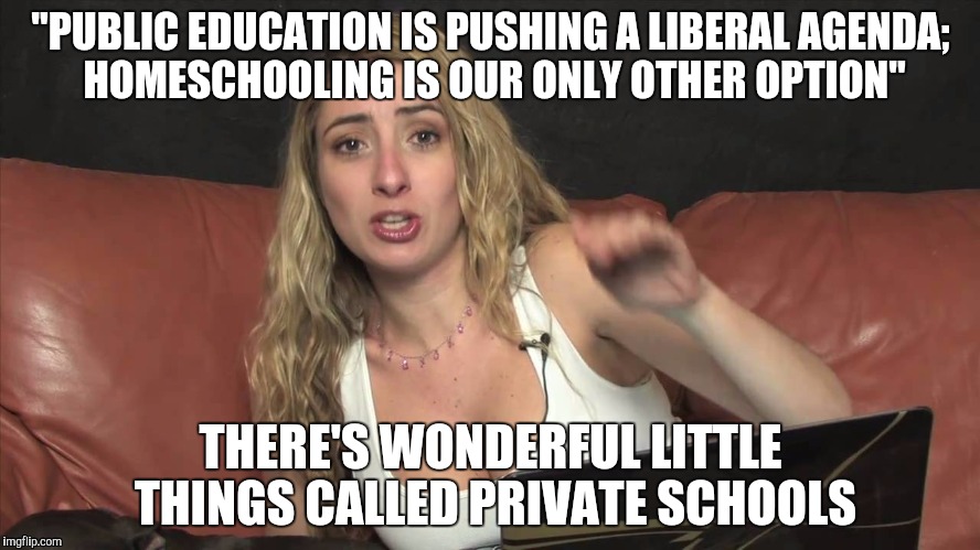 Lauren Francesca | "PUBLIC EDUCATION IS PUSHING A LIBERAL AGENDA; HOMESCHOOLING IS OUR ONLY OTHER OPTION"; THERE'S WONDERFUL LITTLE THINGS CALLED PRIVATE SCHOOLS | image tagged in lauren francesca,homeschooling,education,politics,political | made w/ Imgflip meme maker