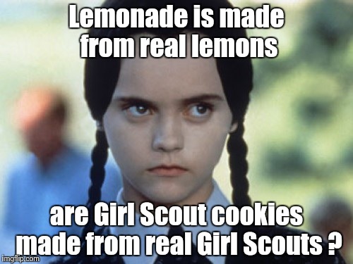My favorite part of the "Addams Family" movie | Lemonade is made from real lemons; are Girl Scout cookies made from real Girl Scouts ? | image tagged in resolutive wednesday,bad joke | made w/ Imgflip meme maker