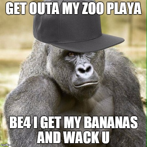 Ghetto Harambe | GET OUTA MY ZOO PLAYA; BE4 I GET MY BANANAS AND WACK U | image tagged in ghetto harambe | made w/ Imgflip meme maker