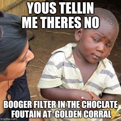 Third World Skeptical Kid Meme | YOUS TELLIN ME THERES NO; BOOGER FILTER IN THE CHOCLATE FOUTAIN AT  GOLDEN CORRAL | image tagged in memes,third world skeptical kid | made w/ Imgflip meme maker