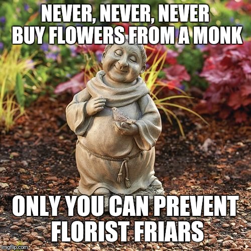 NEVER, NEVER, NEVER BUY FLOWERS FROM A MONK; ONLY YOU CAN PREVENT FLORIST FRIARS | image tagged in monk flowers | made w/ Imgflip meme maker