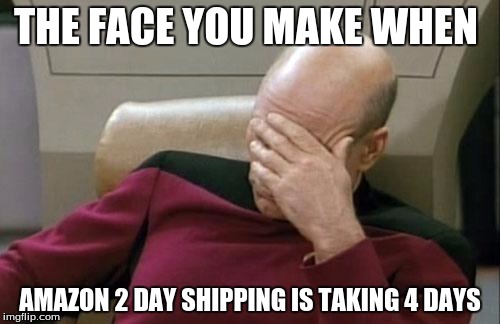 Captain Picard Facepalm Meme | THE FACE YOU MAKE WHEN; AMAZON 2 DAY SHIPPING IS TAKING 4 DAYS | image tagged in memes,captain picard facepalm | made w/ Imgflip meme maker