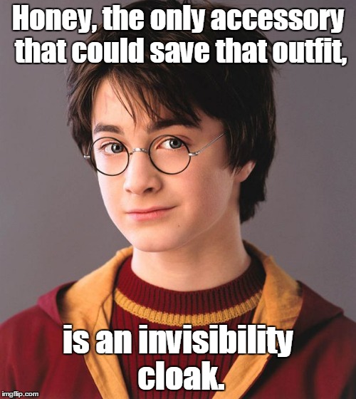 Harry Potter | Honey, the only accessory that could save that outfit, is an invisibility cloak. | image tagged in harry potter | made w/ Imgflip meme maker