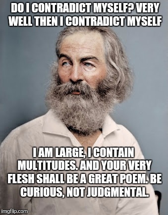 Walt Whitman c. 1860 | DO I CONTRADICT MYSELF? VERY WELL THEN I CONTRADICT MYSELF; I AM LARGE, I CONTAIN MULTITUDES.
AND YOUR VERY FLESH SHALL BE A GREAT POEM.
BE CURIOUS, NOT JUDGMENTAL. | image tagged in poetry | made w/ Imgflip meme maker