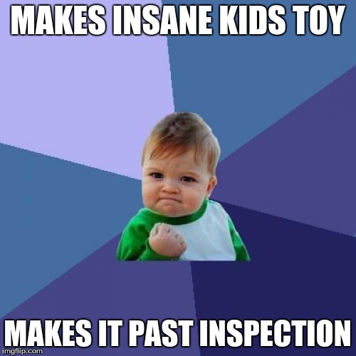 MAKES INSANE KIDS TOY MAKES IT PAST INSPECTION | image tagged in memes,success kid | made w/ Imgflip meme maker