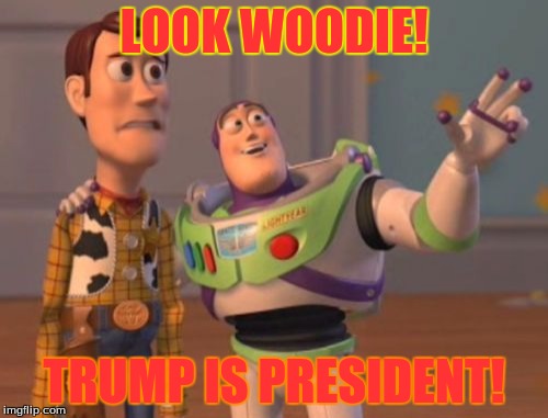 X, X Everywhere Meme | LOOK WOODIE! TRUMP IS PRESIDENT! | image tagged in memes,x x everywhere | made w/ Imgflip meme maker