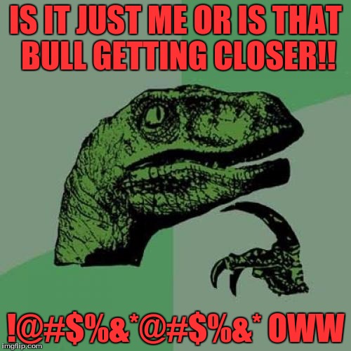 Philosoraptor Meme | IS IT JUST ME OR IS THAT BULL GETTING CLOSER!! !@#$%&*@#$%&* OWW | image tagged in memes,philosoraptor | made w/ Imgflip meme maker