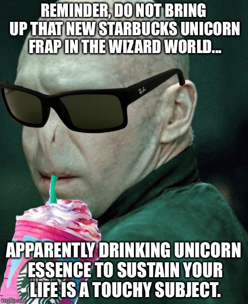 REMINDER, DO NOT BRING UP THAT NEW STARBUCKS UNICORN FRAP IN THE WIZARD WORLD... APPARENTLY DRINKING UNICORN ESSENCE TO SUSTAIN YOUR LIFE IS A TOUCHY SUBJECT. | image tagged in too funny | made w/ Imgflip meme maker