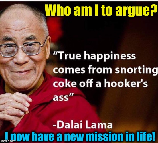 I think I'll take a second look at this Budist thing....... | Who am I to argue? I now have a new mission in life! | image tagged in dali lama hooker,memes,evilmandoevil,funny | made w/ Imgflip meme maker