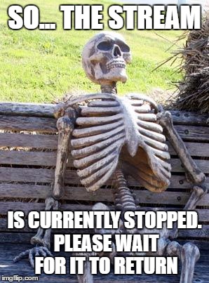 Waiting Skeleton | SO... THE STREAM; IS CURRENTLY STOPPED. PLEASE WAIT FOR IT TO RETURN | image tagged in memes,waiting skeleton | made w/ Imgflip meme maker