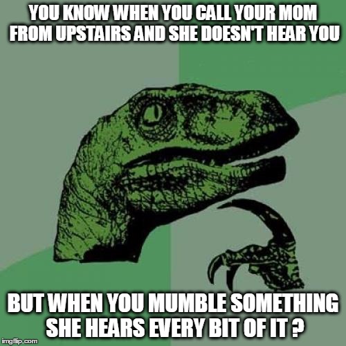 Philosoraptor | YOU KNOW WHEN YOU CALL YOUR MOM FROM UPSTAIRS AND SHE DOESN'T HEAR YOU; BUT WHEN YOU MUMBLE SOMETHING SHE HEARS EVERY BIT OF IT ? | image tagged in memes,philosoraptor | made w/ Imgflip meme maker
