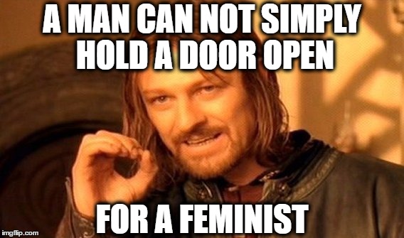 One Does Not Simply | A MAN CAN NOT SIMPLY HOLD A DOOR OPEN; FOR A FEMINIST | image tagged in memes,one does not simply | made w/ Imgflip meme maker