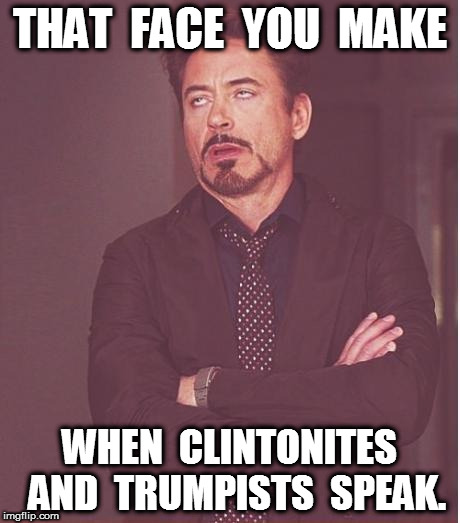 That face you make | THAT  FACE  YOU  MAKE; WHEN  CLINTONITES  AND  TRUMPISTS  SPEAK. | image tagged in clinton,trump,politics | made w/ Imgflip meme maker