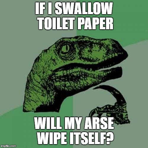 Philosoraptor Meme | IF I SWALLOW TOILET PAPER; WILL MY ARSE WIPE ITSELF? | image tagged in memes,philosoraptor | made w/ Imgflip meme maker