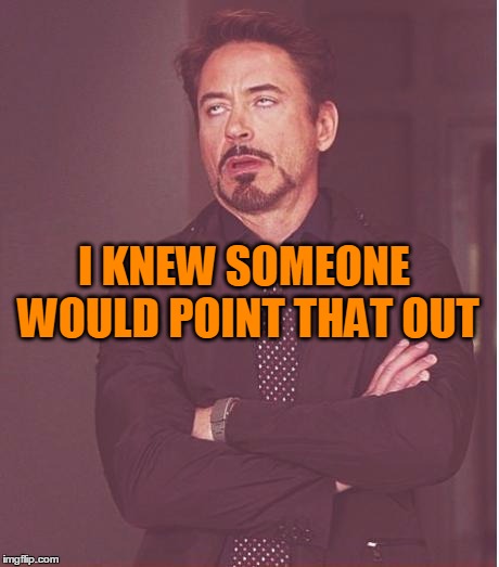 Face You Make Robert Downey Jr Meme | I KNEW SOMEONE WOULD POINT THAT OUT | image tagged in memes,face you make robert downey jr | made w/ Imgflip meme maker
